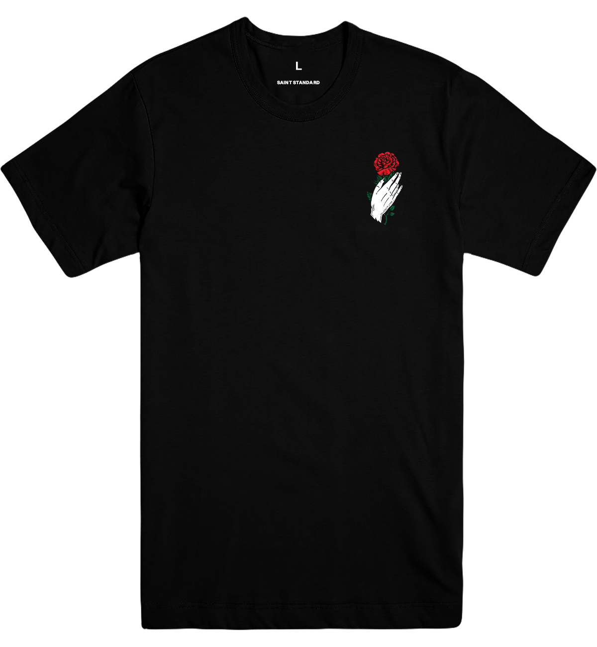 Black t-shirt with a white hand holding a red flower design on a white background Pray For Your Enemies